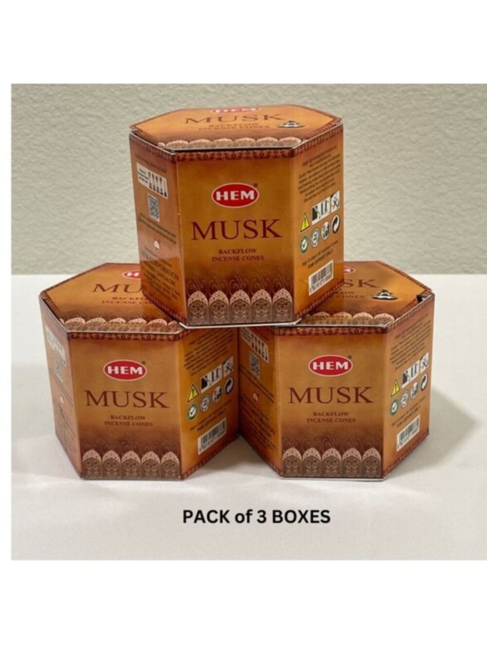 Hem Back Flow Musk Incense Cones Pack of 3 Boxes - Total 120 Cones NEW